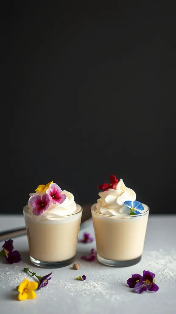 Two vanilla bean pudding cups topped with whipped cream and colorful edible flowers