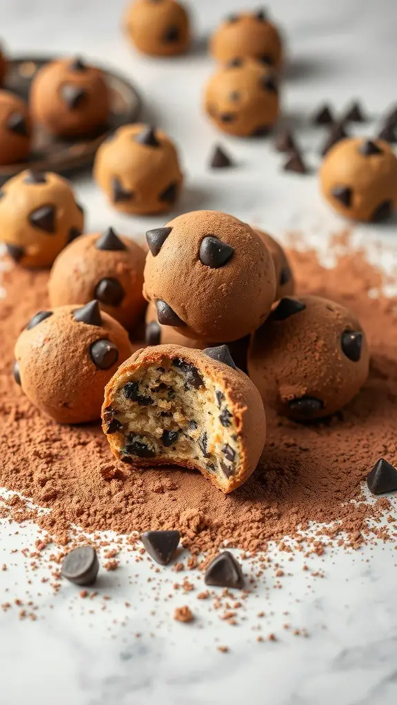 Chocolate Chip Cookie Dough Truffles on a marble surface, some truffles are cut in half to show the inside, surrounded by cocoa powder and chocolate chips.
