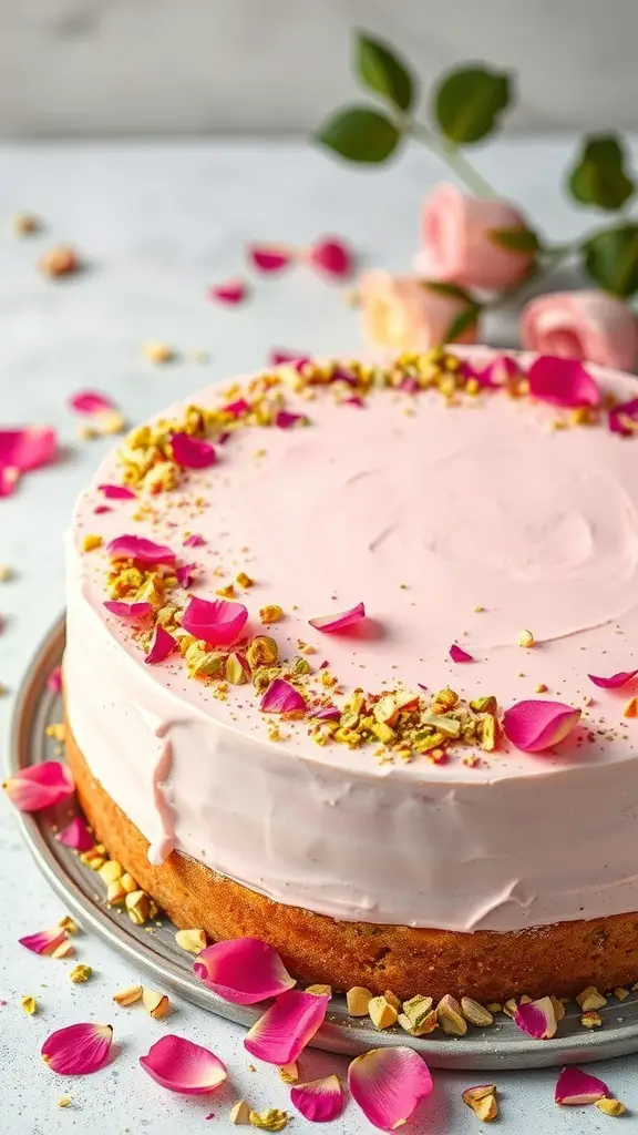 A beautifully decorated Rosewater and Pistachio Cake with pink frosting, crushed pistachios, and rose petals.