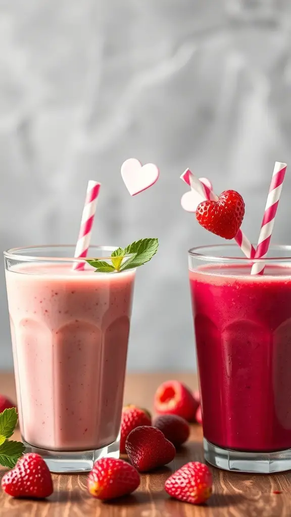 Two colorful fruit smoothies in clear glasses, one pink and one red, with heart-shaped decorations.