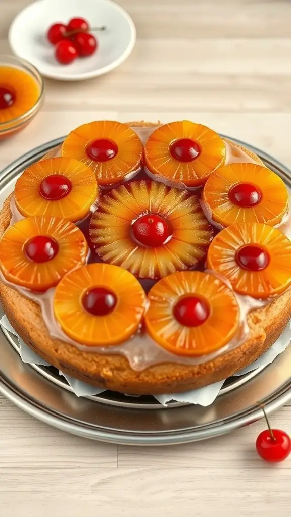 A delicious Pineapple Upside-Down Cake topped with pineapple rings and cherries.