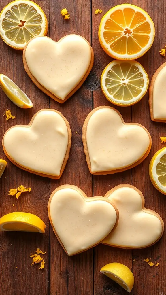 Heart-shaped cookies with lemon glaze and lemon slices