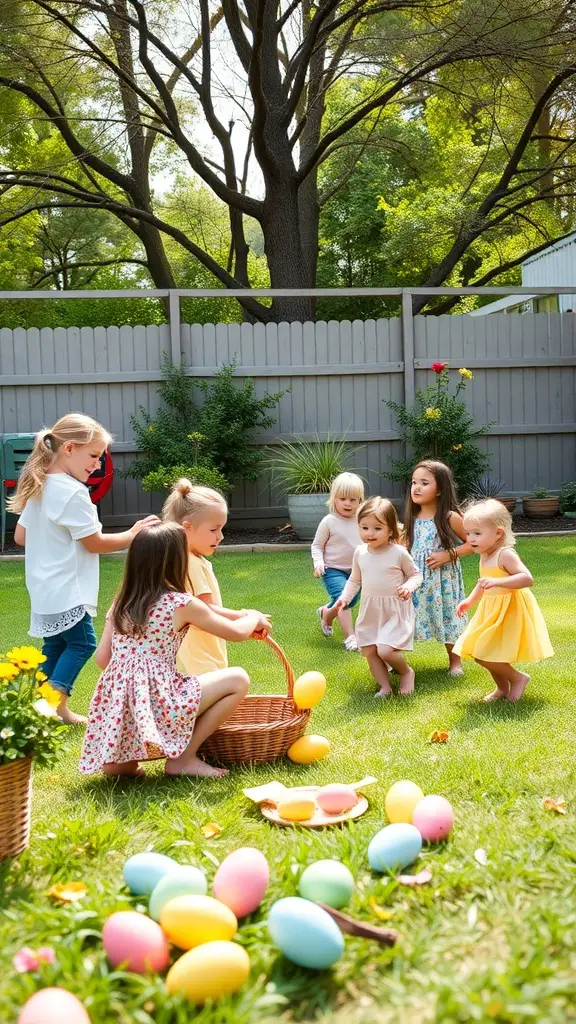 Children participating in an Easter egg hunt in a backyard.