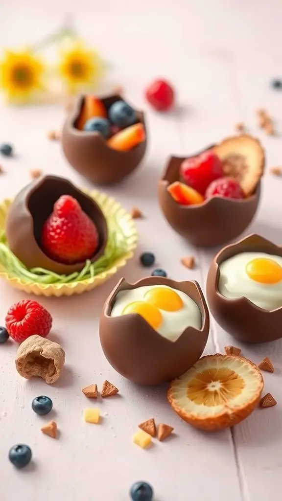 Chocolate eggs filled with fruits and creamy fillings for a fun Easter breakfast.