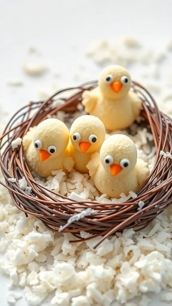 Coconut macaroon chicks in a nest made of twigs, surrounded by shredded coconut.