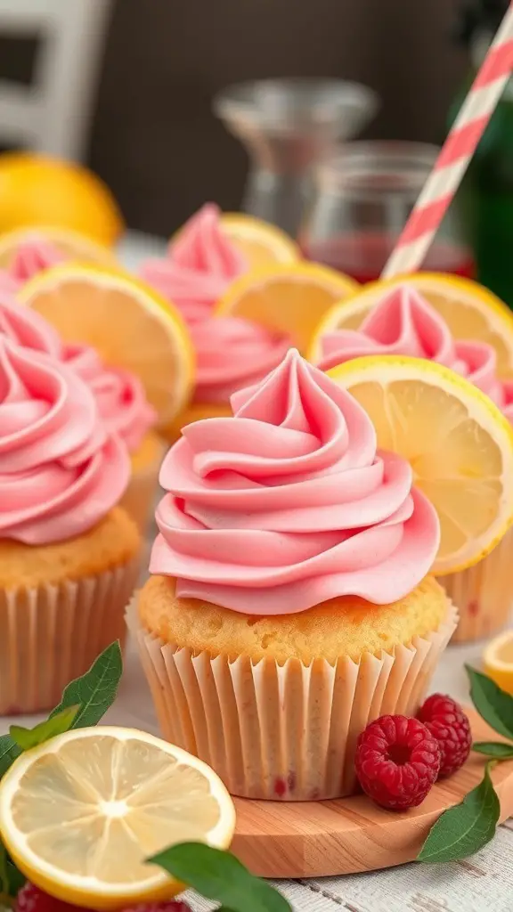 A close-up of raspberry lemonade cupcakes with pink frosting and lemon slices on top.