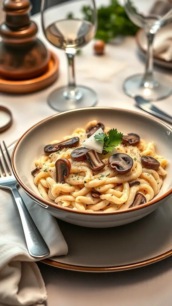 A bowl of creamy risotto with mushrooms, garnished with herbs, set on a dining table.
