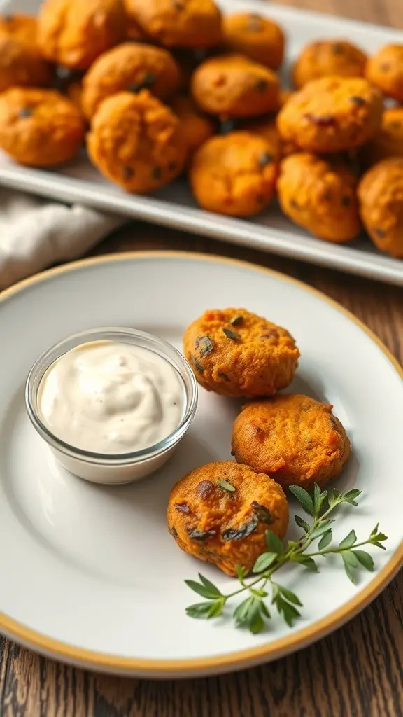 A plate of sweet potato and chickpea bites served with a dipping sauce