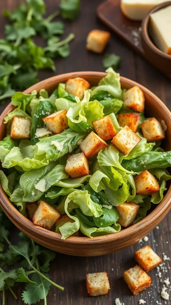 A bowl of Classic Caesar Salad with homemade croutons, featuring fresh greens and crispy bread cubes.