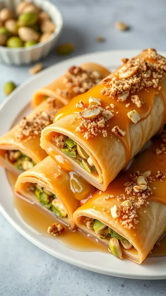 A plate of Pistachio Baklava Rolls topped with crushed nuts and syrup.