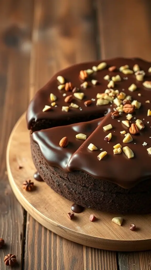 A delicious Zucchini Chocolate Cake topped with chocolate ganache and nuts.