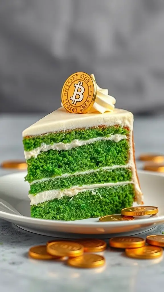 A slice of green velvet cake topped with cream cheese frosting and a gold chocolate coin, surrounded by gold coins.
