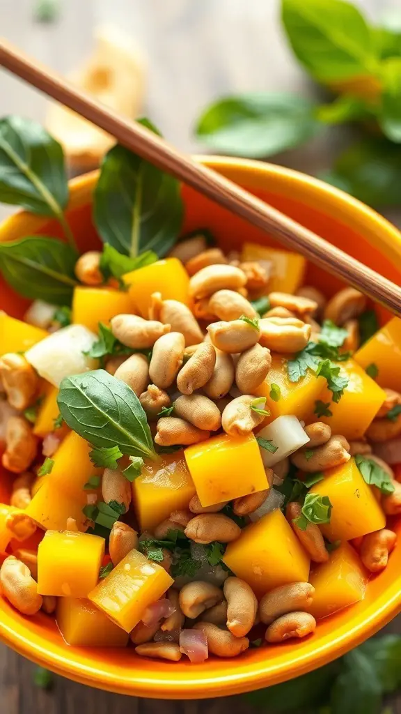 A vibrant bowl of Thai Mango Salad with peanuts, featuring diced mango, herbs, and crunchy peanuts.