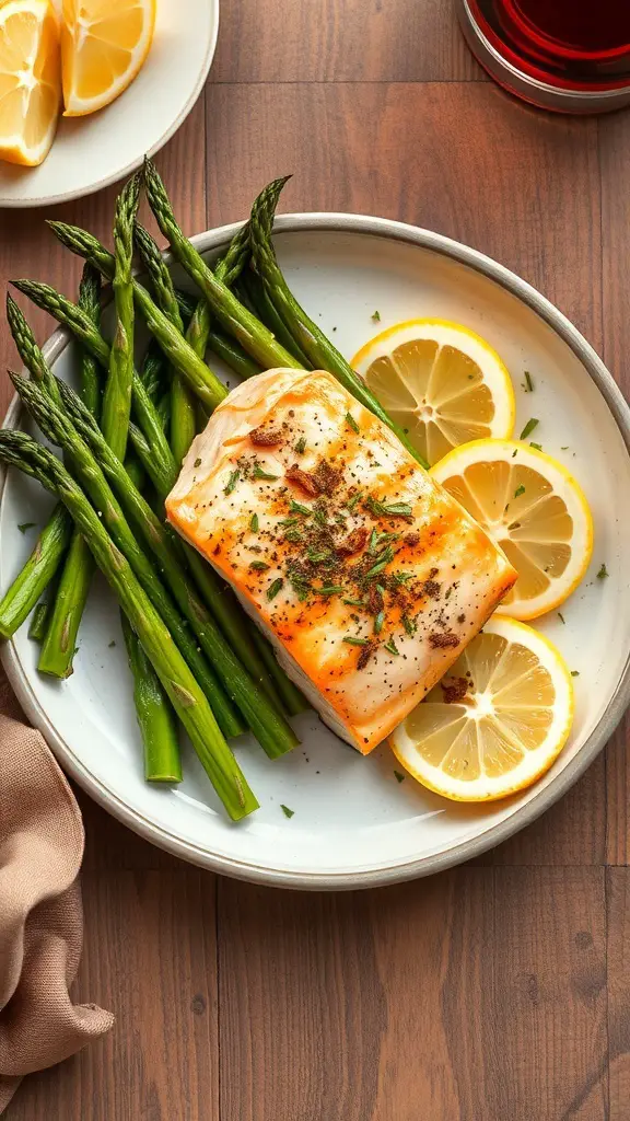Baked salmon with asparagus and lemon slices on a plate