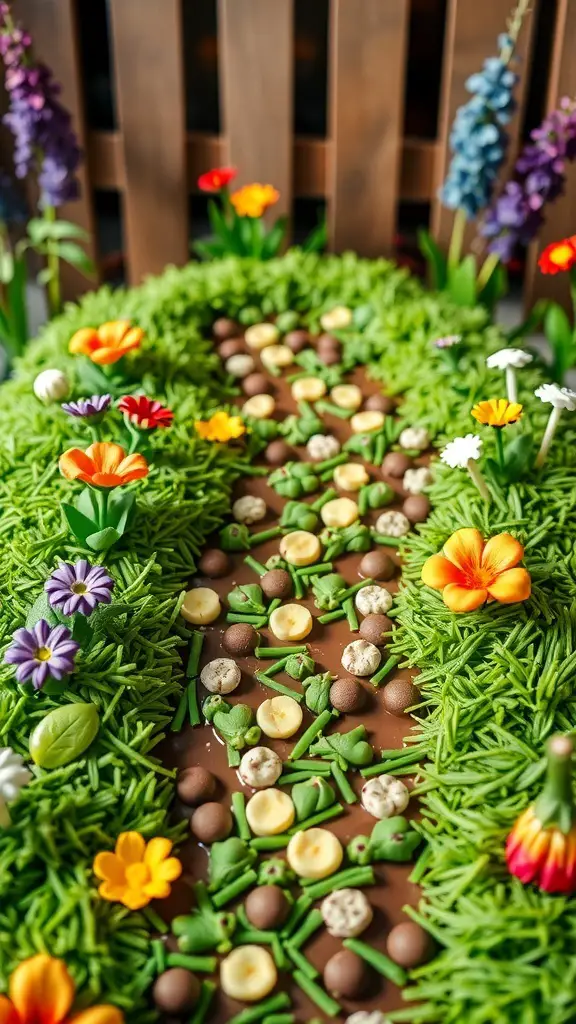 A colorful Garden Path Cake with green frosting, chocolate pathway, and edible flowers.