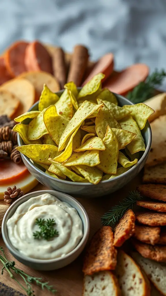 A charcuterie board featuring potato chips and a creamy dip, perfect for St. Patrick's Day.