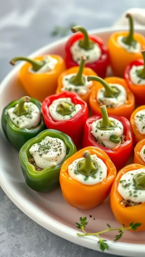 A plate of colorful stuffed mini peppers filled with cream cheese and herbs.