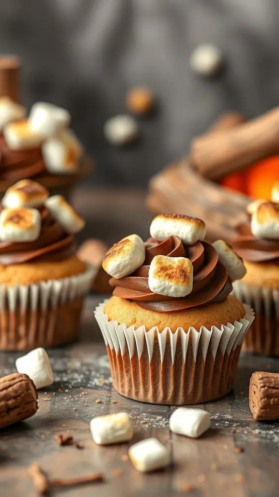 Delicious s'mores cupcakes topped with chocolate frosting and toasted marshmallows.