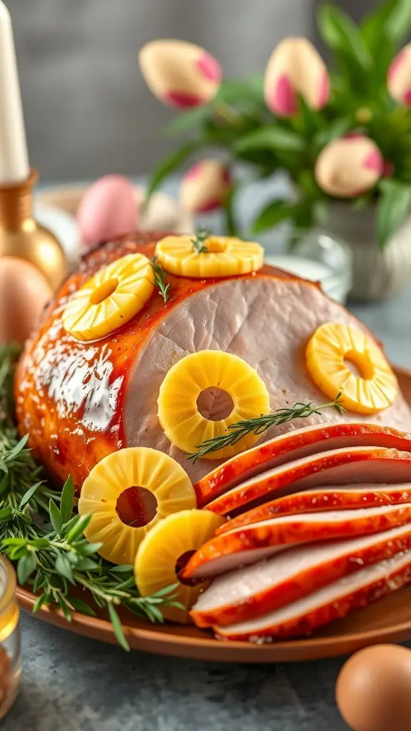 Honey glazed ham with pineapple slices, garnished with herbs, on a festive table