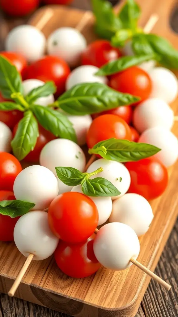 Mini Caprese skewers with cherry tomatoes, mozzarella balls, and basil on a wooden board