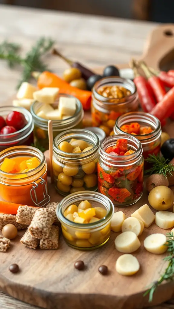 A colorful assortment of pickles and olives in jars on a wooden board, surrounded by fresh vegetables and snacks.