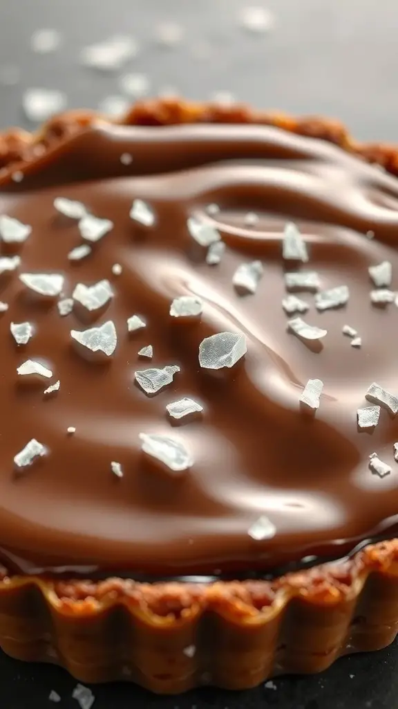 Close-up of a salted caramel chocolate tart topped with sea salt flakes