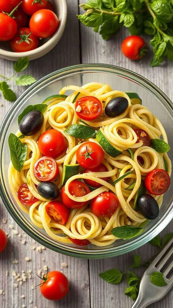 A bowl of zucchini noodle salad with cherry tomatoes and black olives.