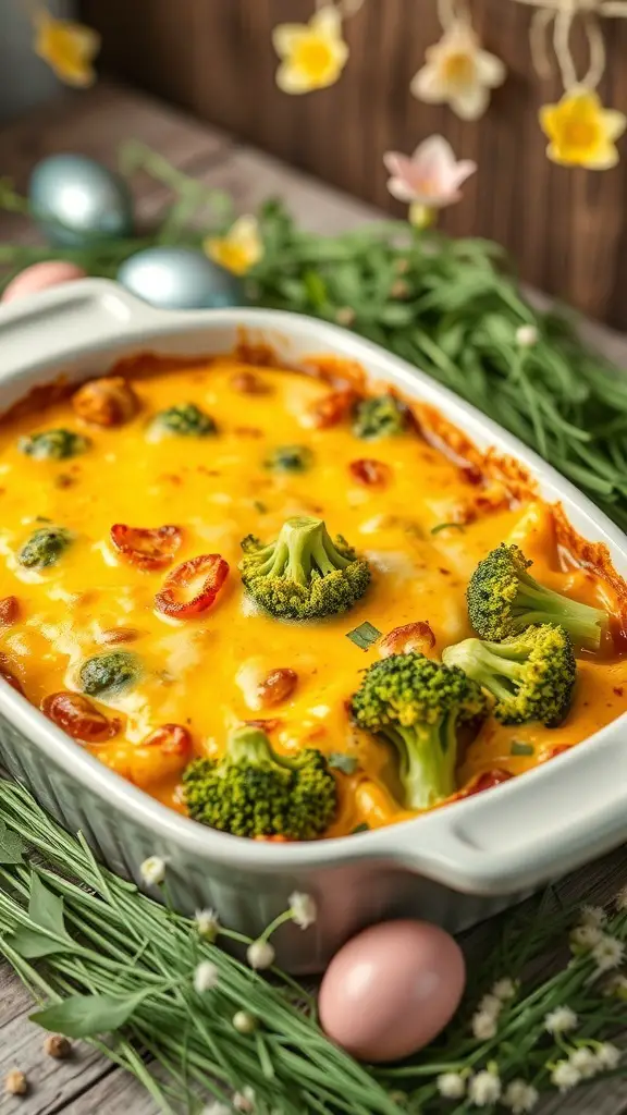 A cheesy broccoli casserole with vibrant broccoli and cherry tomatoes, perfect for Easter potluck.