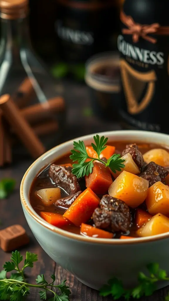 A bowl of Guinness Beef Stew with beef, carrots, and potatoes garnished with parsley.