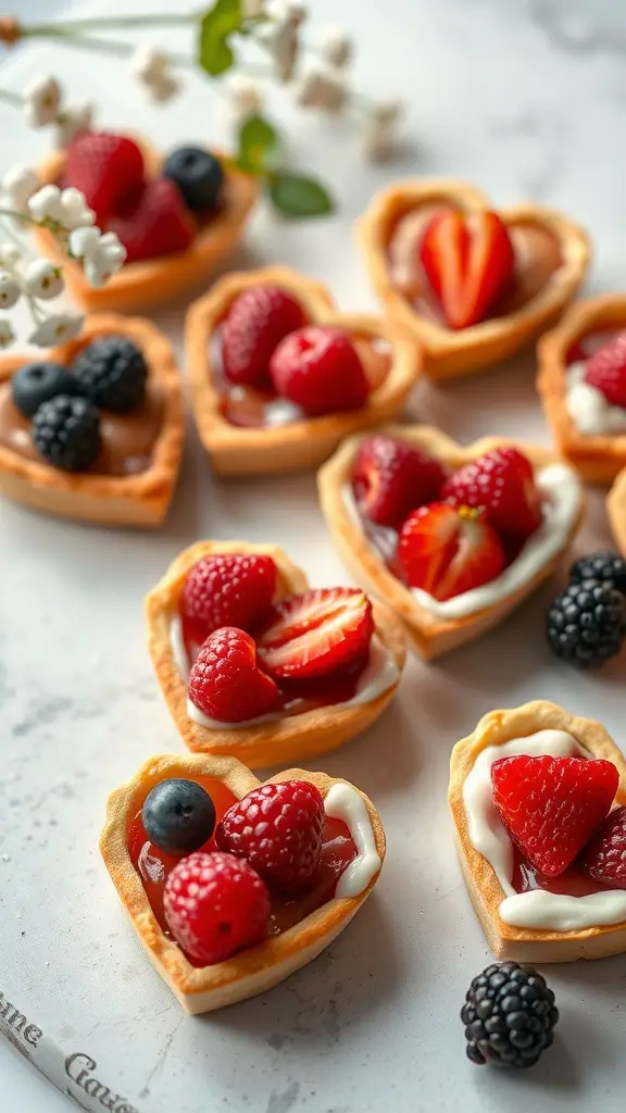 Mini heart-shaped tarts filled with fruit and cream, decorated with fresh berries.
