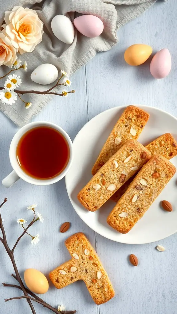 A plate of honey almond biscotti with a cup of tea and colorful Easter eggs.