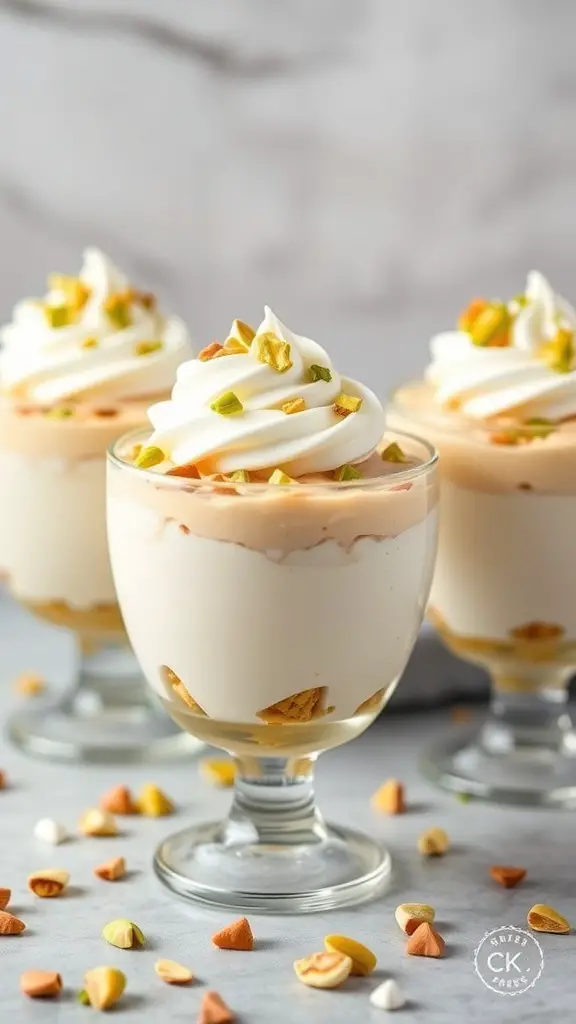 Three pistachio pudding parfaits in clear glasses topped with whipped cream and chopped pistachios.