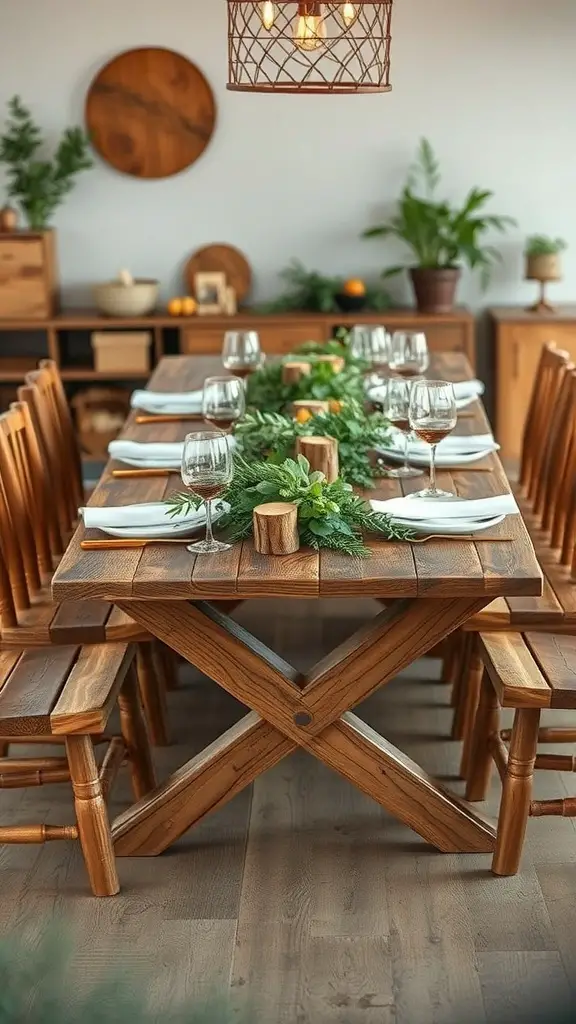 A rustic wooden table set for Easter dinner with natural elements like greenery and wooden accents.
