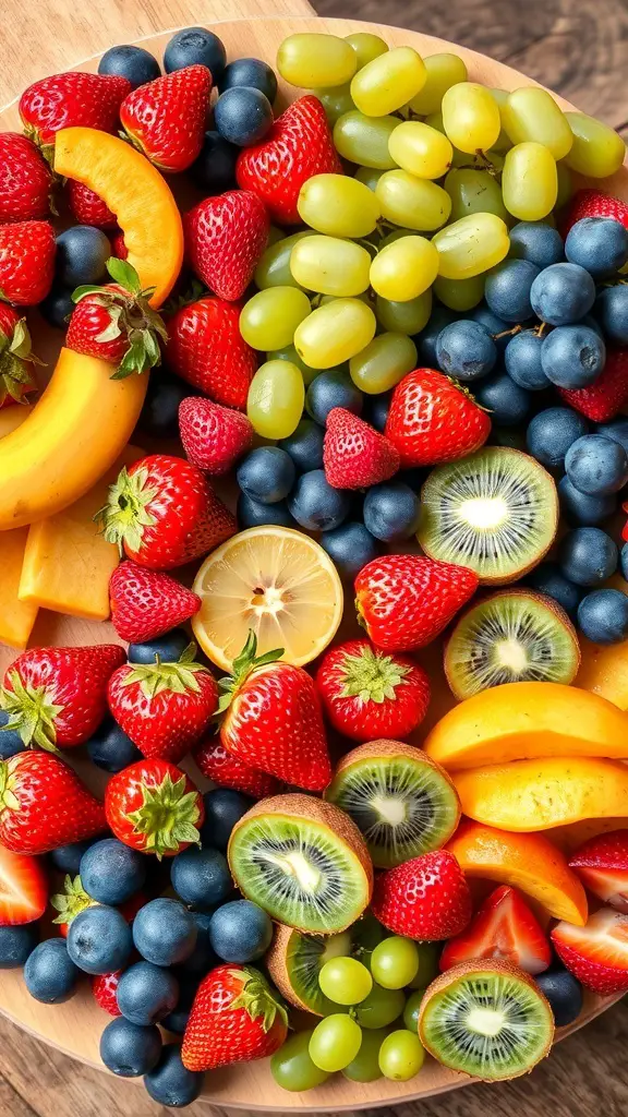 A colorful arrangement of fresh fruits including strawberries, blueberries, green grapes, kiwi, and lemon on a wooden platter.