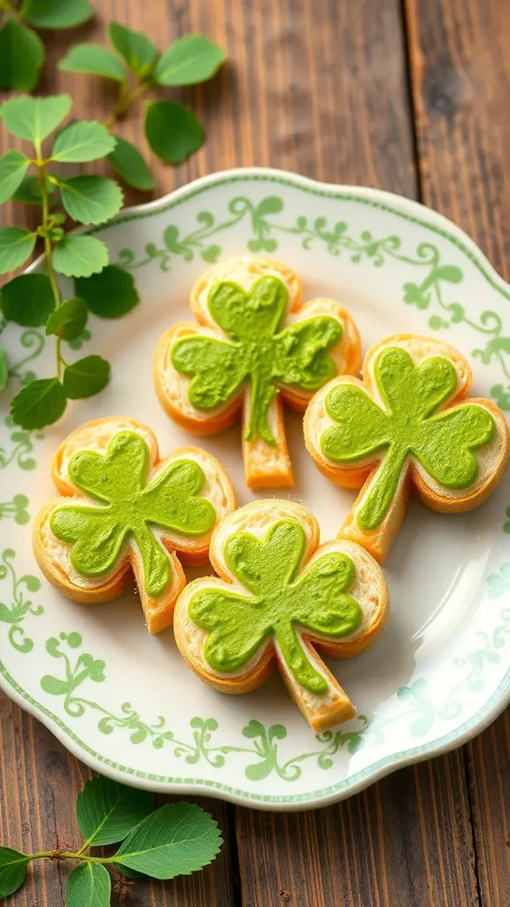 Shamrock shaped sandwiches on a decorative plate