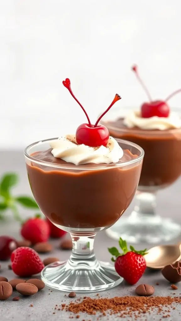 Chocolate mousse cups topped with whipped cream and cherries, surrounded by chocolate chips and strawberries.