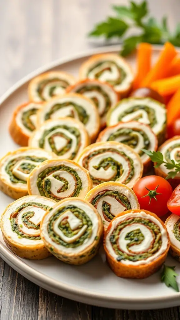 A plate of pesto pinwheels with cream cheese, garnished with cherry tomatoes and parsley.