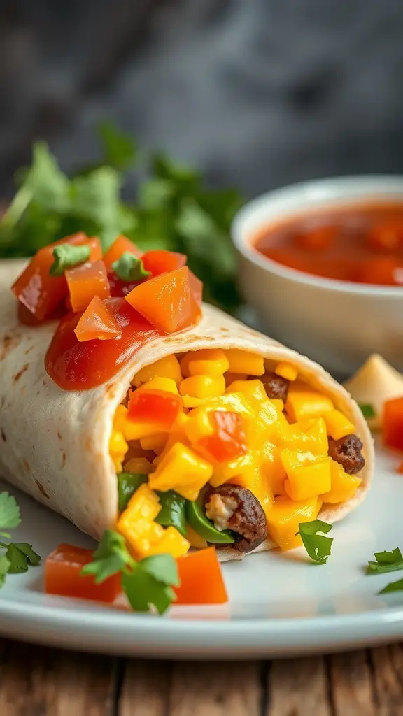 A delicious breakfast burrito filled with cheese, eggs, and topped with fresh tomatoes and cilantro.