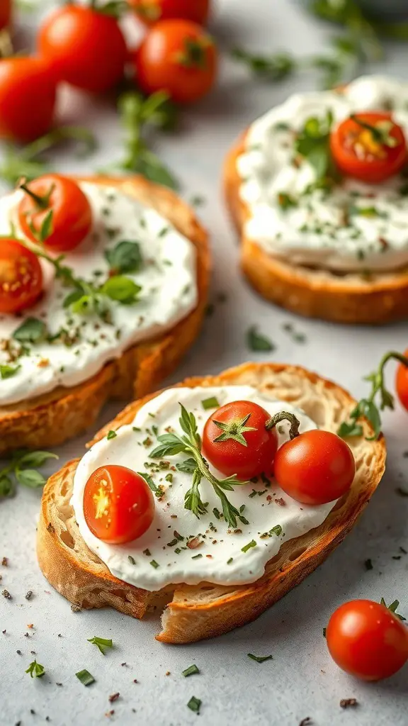 Toasted bread topped with herbed goat cheese and cherry tomatoes