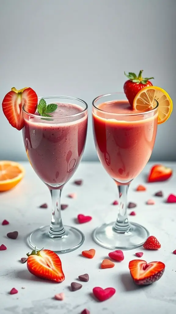 Two colorful smoothies in glasses, garnished with strawberries and mint, surrounded by heart-shaped candies.