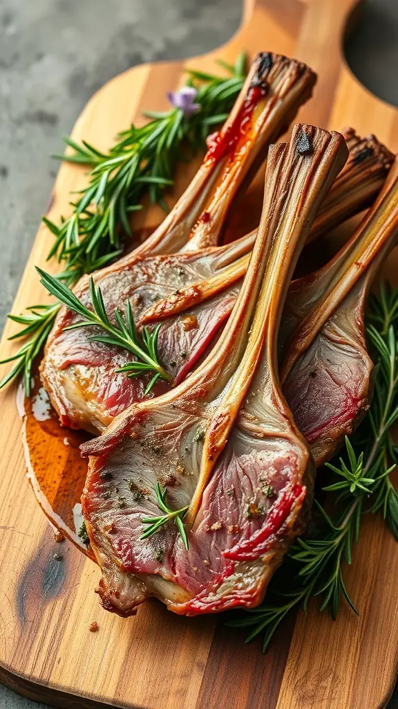 Herb-crusted lamb chops garnished with fresh herbs on a wooden cutting board.