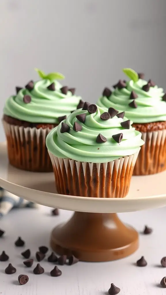 Mint chocolate chip cupcakes with green frosting and chocolate chips on top