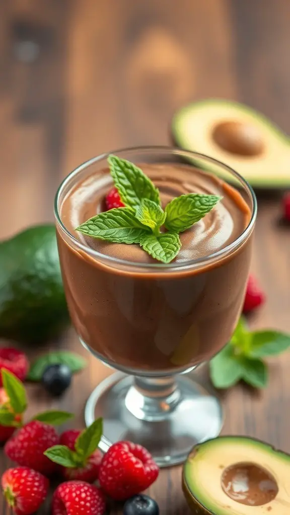 A glass of chocolate avocado mousse topped with mint leaves and surrounded by fresh berries and avocado halves.