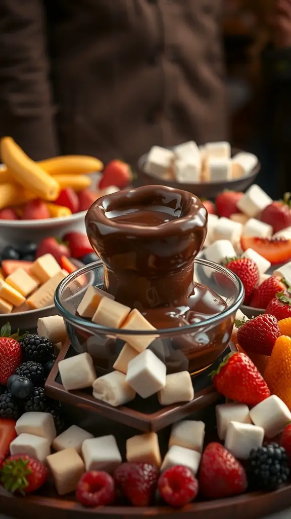 A chocolate fondue fountain surrounded by various fruits and marshmallows for dipping.