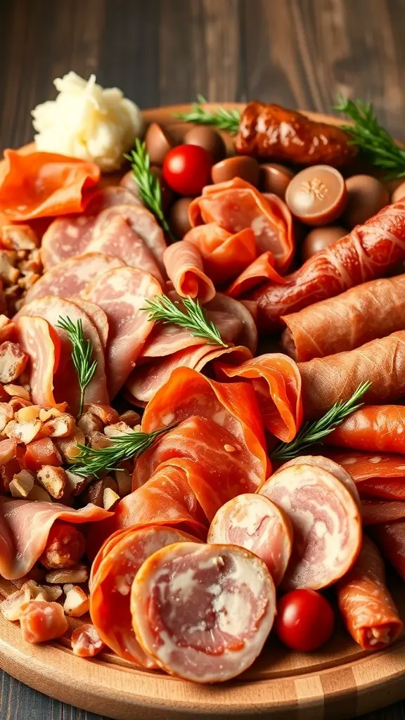 A variety of savory meats arranged on a wooden board, including prosciutto, salami, chorizo, and garnished with cherry tomatoes and herbs.