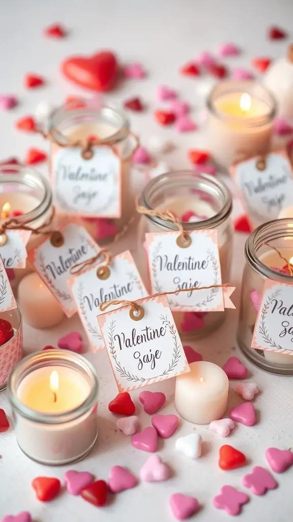 Personalized party favors with candles in jars and heart-shaped candies for a Galentine's dinner party.