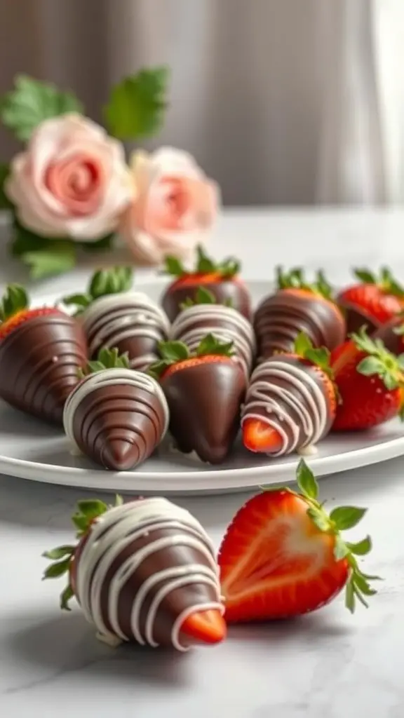 A plate of chocolate-covered strawberries decorated with white chocolate drizzle, with roses in the background.