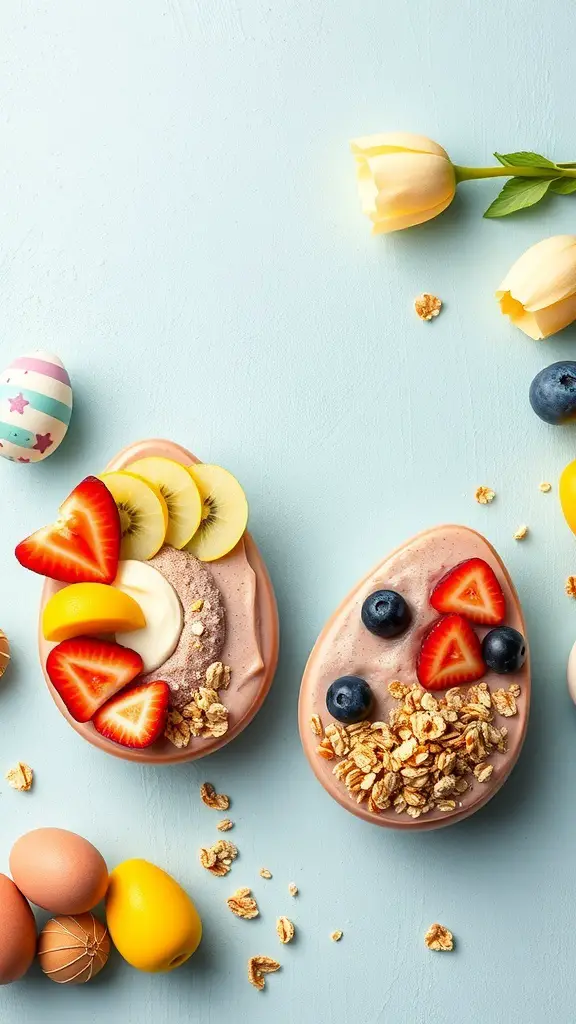 Colorful Easter egg smoothie bowls with fruits and granola on a light blue background