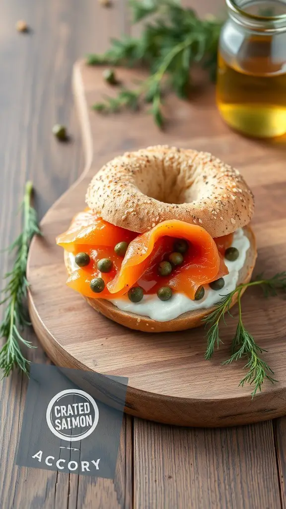 A smoked salmon bagel sandwich with cream cheese, capers, and dill on a wooden board.