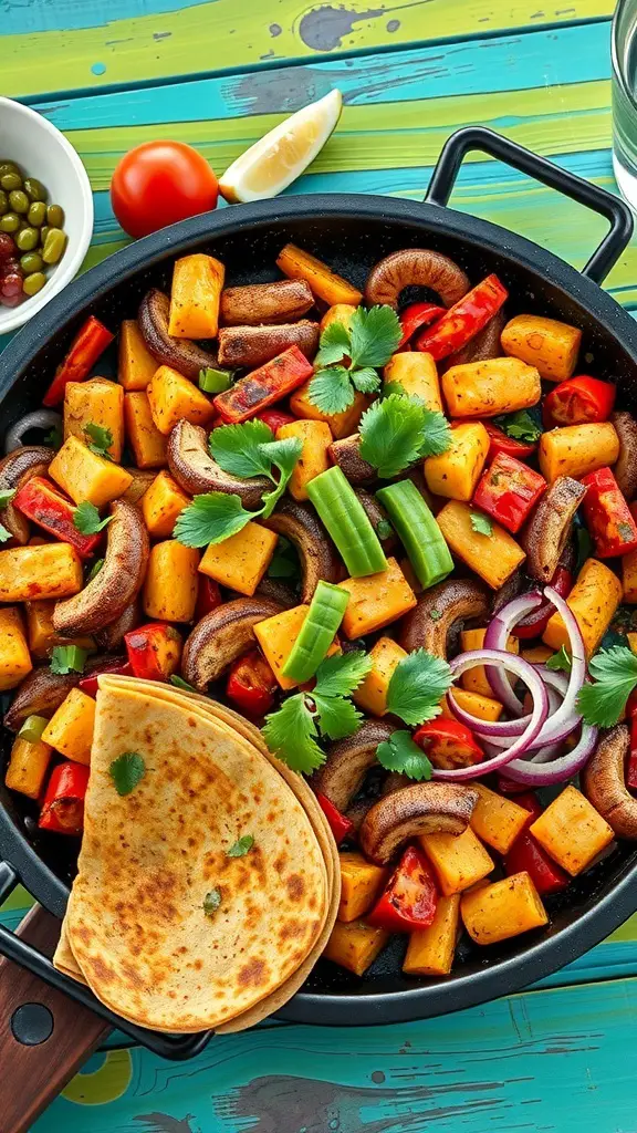 A colorful skillet filled with sautéed vegetables and tortillas, perfect for a family fajita night.